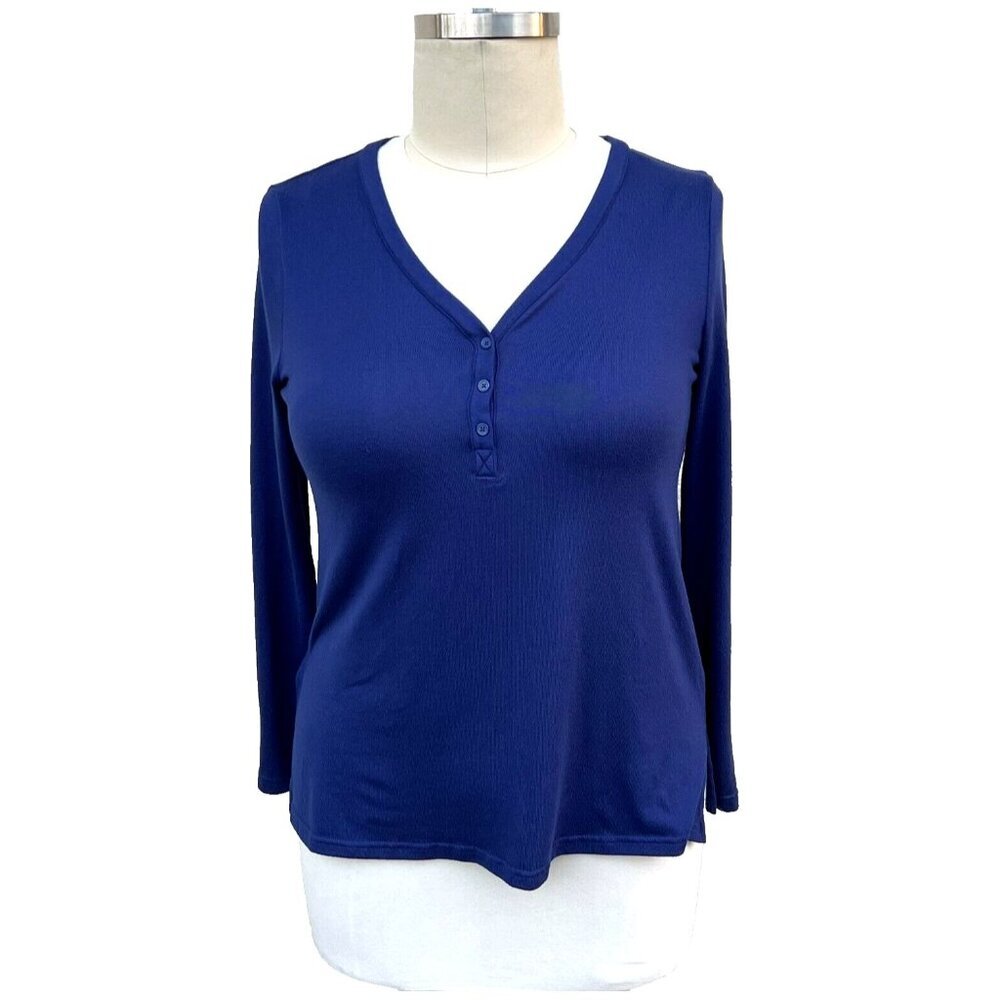 Mario Serrani - Women's L Long Sleeve Henley Neck knit Tee Shirt Top Indigo Blue